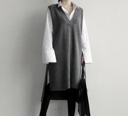Korea 2018 Knitted Sweater Vest Grey Black Long Vest Dress Knit Vneck Thick Long Womens Sweaters Sleeveless Sweater Dress6078851