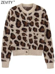 Cardigans Zevity Women Fashion Leopard Print Fur Effective Short Knitting Sweater Female Chic Long Sleeve Buttons Kimono Coats Tops CT5834