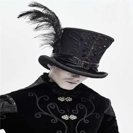 Gothic Vintage Top Hat Men Steampunk Cosplay Punk Party Caps Feather Decoration Drop High Quality Wide Brim Hats224C