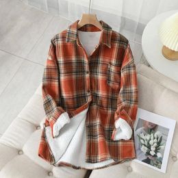 Women's Blouses Stylish Woollen Shirt Warm Jacket Buttons Placket Fleece Lining Plaid Print Cardigan Coat Loose