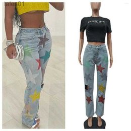 Women's Jeans Jeans Hight Waist Sequin Stars Denim Pants Hole Pencil Streetwear Summer Blue Clubwear Trousers 240304