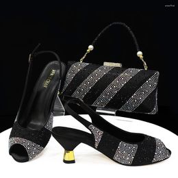 Dress Shoes Black INS Style Crocodile Textured Ribbon And Colorful Crystal Embellished With Long Shoulder Strap Women's Bag Set