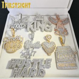 Iced Out Bling CZ Letter Hustle Hard Rich Lucky Pendant Necklace 5A Zircon Badge Fluorescence Charms Men Hip Hop Jewelry 240226