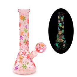 1pc,10in,Borosilicate Glass Water Pipe,Pink Glass Bottle With Colourful Luminous Snowflake,Glow In Dark,Cute Cartoon Glass Bongs,Glass Hookah,Hand Painted