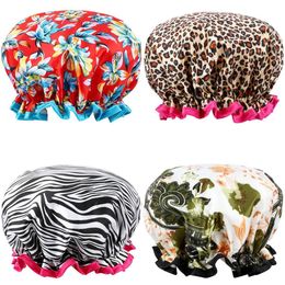 Fashion Shower Cap Waterproof Bath Hat Double Layer Women Supplies Printing Hair Cover Bathroom Accessories Shampoo Fume proof Caps ZZ