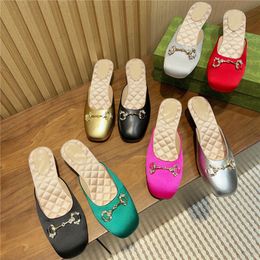 2024 Elegant Summer Women Slippers Sandals brand Designer Round Toe Fashion Metal Lady Diamond Slippers Sweet Black Female Mules Beach Outside Shoes Big Size