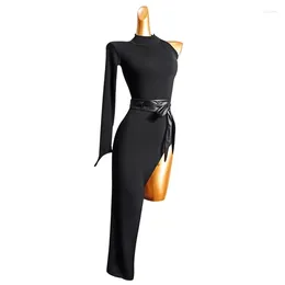 Stage Wear Latin Dress Standard Dance Competition Performance Costume Women Black Sexy Evening Gowns Club Outfits Single Sleeve