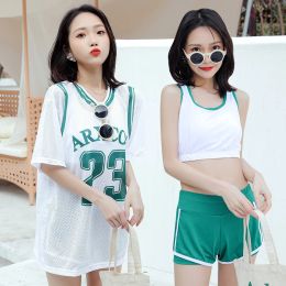 Set Blouse swimsuit women's summer conservative 2021 new three piece set shows thin belly covering Korean ins student swimming pool