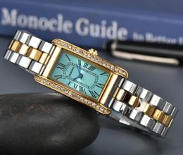 Iced Out Square Roman Tank Skeleton Dial Watch Hip Hop Full Stainless Steel Band Women Quartz Movement Clock Business Diamonds Ring Popular Watches Gifts