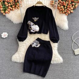 Work Dresses Black Fashion Knit 2 Piece Skirt Sets Women Matching Set Outfits Cartoon Sweater Bodycon Suits Casual Loose Ladies