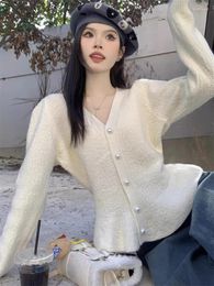 Women's Knits Korejepo Pearl Button Versatile Sweater Autumn Winter 2024 French Ruffle Edge Cardigan Gentle Women Knitted Coat Top