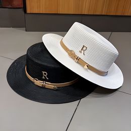 Straw hat female summer vacation seaside rhinestone letter R belt personality British retro flat-topped sunshade cool hat