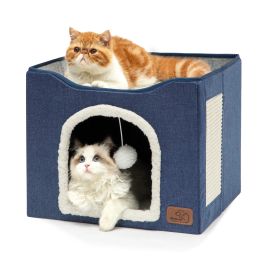 Mats Soft Cat Bed Foldable Cat House Winter Warm Large Cat Cave with Fluffy Ball Hanging Cat Scrapers Pet Deep Sleep House for Indoor