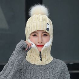 Wool Knitted Hat Ski Women Hat Sets For Female Windproof Winter Outdoor Knit Warm Thick Siamese Scarf Collar Warm Hat Girl Gift234S