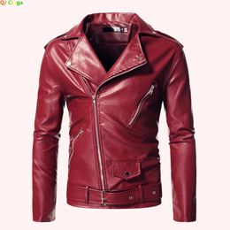 Red Chain Decoration Motorcycle Bomber Leather Jacket Men Autumn Turn-Down Collar Slim Fit Male Leather Coats S-5XL240304