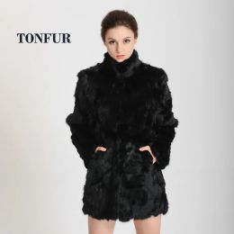 Fur New Women Fashion Real Rabbit Fur Coat Mandarin Collar Natural Fur Jacket Long Customise Female Dropshipping Overcoat HP147