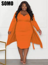 Sets SOMO Plus Size Women Solid Color Dress Two Piece Set Sexy Long Sleeve Coat + Tube Top Dress Two Pieces Wholesale Dropshipping