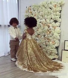 Sparkly Gold Sequins Flower Girls039 Dresses Long Sleeves Lace Applique Jewel Neck A Line Custom Made Little Girl Pageant Ball 2700466