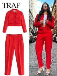 TRAF Autumn Women Fashion Red Single Breasted Turn Down Collar CoatsWoman Chic Casual Office Lady Slim Pants 2 Pieces Set 240304