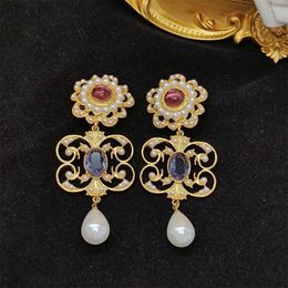 Dangle Earrings Vintage Mediaeval French Court Style Exquisite High-grade Purple Butterfly Hollow Water Drop Pendant Elegant