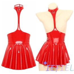 skirt Women Mini Dress Female Sexy Lingerie Backless Open Chest Halter Ruffled Latex Skirt Pole Dance Party Nightclub Costume XXXXL