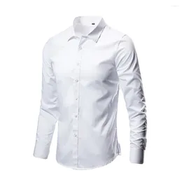 Men's Dress Shirts Business Formal Lapel Solid Colour Long-Sleeved Shirt Top Social Button Workwear Classic White