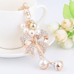 New Fashion ins luxury designer diamond rhinestone cute bow pearl bag charms tassel keychains white gold259D