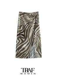 Skirt TRAF Women Fashion Front Slit With Pleats Animal Print Midi Skirt Vintage High Waist Side Zipper Female Skirts Mujer