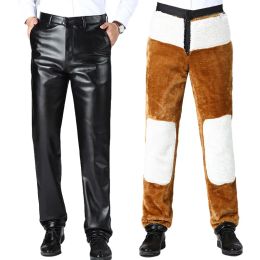 Pants Men 2023 Add Fleece Solid Colour Leather Pants Mens Winter Trousers Male Clothing Straight Casual Thicken Warm Pants