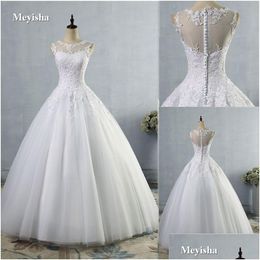 In Stock Wedding Dresses Zj9036 2021Tle Lace White Ivory Formal O Neck Bridal Dress Prom Gown Plus Size 2-28W Drop Delivery Party Ev Dhs0Q