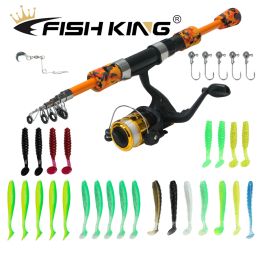 Rods FISH KING Spinning Fishing Rod and Reel Combo1.5M Telescopic Rod with Fishign Reel 5.2:1 Full Fishing Kit 30pcs Soft Lure