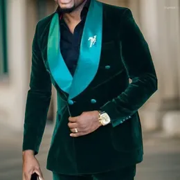 Men's Suits Wedding For Men Double Breasted Slim Fit Groom Tuxedo Shawl Lapel Fashion Dark Green Velvet Suit Smoking Jacket Pants 2024