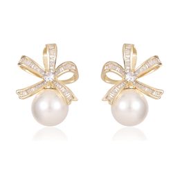 New Bow Stud Earrings S925 Silver Needle AAA Zircon Freshwater Pearl High end Earrings Korean Fashion Women Earrings Wedding Party Jewellery Valentine's Day Gift SPC