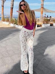 Women's Pants Sexy Perspective White Flare Summer Women Vacation High Waist Long Trousers Lace Beach Style Female 2024