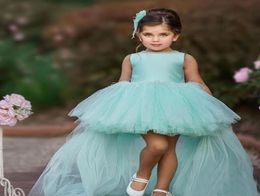 Mint Green Girl039s Pageant Dresses Kids Birthday Party Ostrich feathers Backless High Low Bow Beaded Neckline9340878