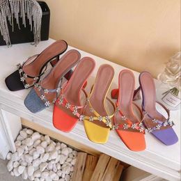 Amina Muaddi Shoes Women Real Sandals Mules Shoe Women Heels Dress Silk Crystal Embellished Strap Slippers Rhinestone Spool Heel Luxury Size 35-42