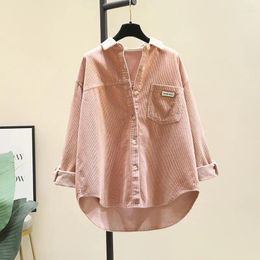 Women's Blouses Corduroy Shirt Women Vintage Long Sleeve Button Blouse Solid Pockets Tops Clothing Pink Blue Red