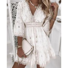 Dress New Elegant Party Dresses for Women a Line Short Hollow Out Embroidery Solid v Neck Summer Woman Trendy White Clothes