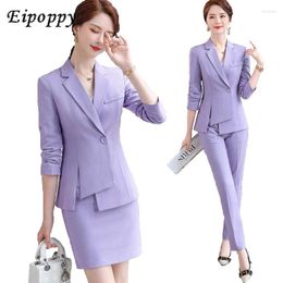 Women's Two Piece Pants Asymmetric Size S-4XL Women Pant Suit High Quality Blue Purple Black Pieces Set Single Button Blazer With Trouser