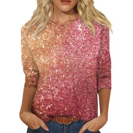 Women's T Shirts Simulated Sequined Flowing Gold Printed Pattern Three-Quarter Sleeve Top