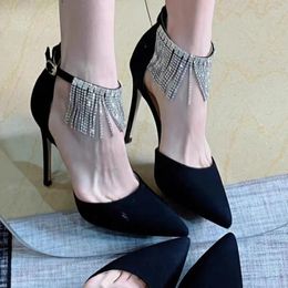 Dress Shoes Shiny Crystal Tassels High Heels Pumps Women 2024 Autumn Sexy Black Ankle Straps Party Woman Pointed Toe Thin Heeled