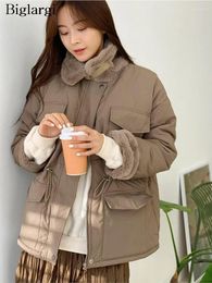 Women's Trench Coats Winter Midi Cotton Coat Women Furry Patchwork Fashion Pleated Long Sleeve Ladies Jackets Korean Casual Loose Woman 2024