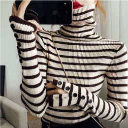 Pullovers Turtle Neck Women Striped Sweater Autumn Winter New Korean Fashion Slim Pullover Basic Top Soft Knit Sweaters Long Sleeve Button