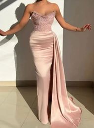 Prom Dresses Evening Gown Party Formal Mermaid Trumpet Sleeveless Satin Custom Zipper Lace Up Plus Size New Pleat Beaded Scoop Black Pink Sequins