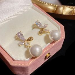 Stud Earrings Design Sweet Rhinestone Flower Women Elegant Bow Imitation Pearl Crystal Zircon Korean Party Jewelry