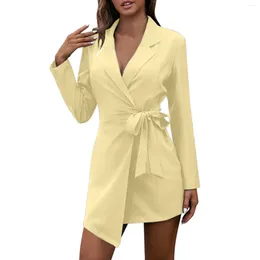 Casual Dresses Office Lady Suit Women's Lace Up Waisted V Neck Short Female Solid Waist Long Sleeve Dress Style Jacket Vestidos