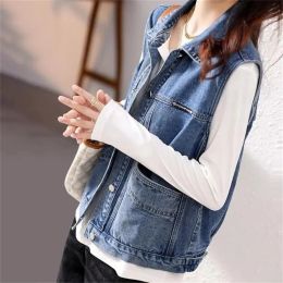 Waistcoats 2023 Vintage Women Denim Vest Jacket Spring Summer Sleeveless Casual Top Blue Jean Waistcoat Coat Lady Oversize Pocket Outerwear