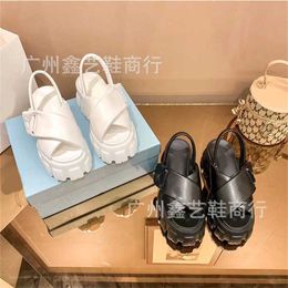 32% OFF Sports shoes 2024 P Family Sole Cross Sandals for Womens Summer New Triangle Label Thick Heel Leather Cake Shoes Correct Version