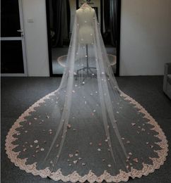 Gorgeous Pink 400cm Wedding Veil with Lace Floral Appliques Vestido De Noiva Longo Custom Made Elegant Bridal Veil1275847