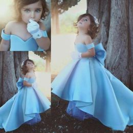 2019 Cute Off Shoulder Blue Girls Pageant Dresses Children Big Bow Satin High Low Flower Girl Dresses Kids Birthday Party Wear9538732